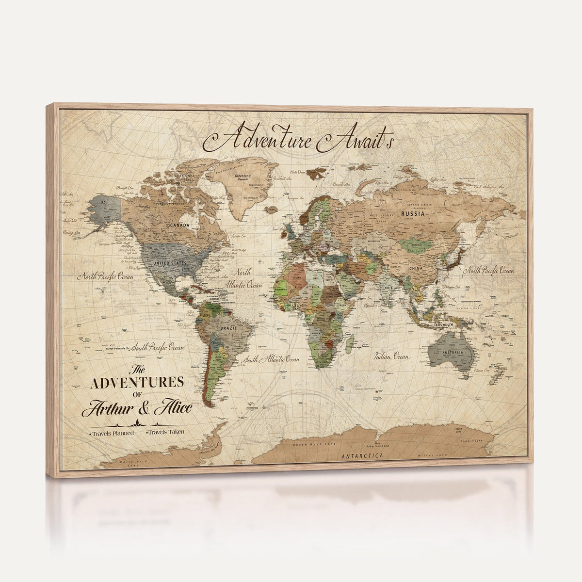 Custom Framed Beige Vintage World Travel Map Wall Art with Pins, Family Travel Tracker, Family Room and Hallway Decor