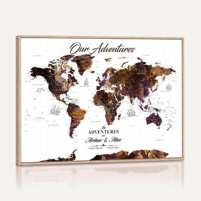 Personalized Framed Beige Vintage Push Pin Travel Map Canvas Print, Next Trip Planner Map, Home Office and Entryway Decor