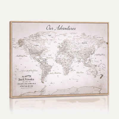Personalized Beige Vintage World Travel Map Wall Art with Pins, Honeymoon and Anniversary Gift, Entryway and Hallway Decor