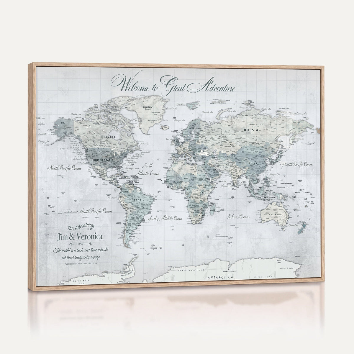 Personalized Beige Antique Push Pin World Map Canvas Print, Family Travel Tracker, Family Room and Entryway Decor