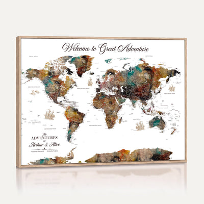 Custom Framed Beige Modern Push Pin World Map Wall Art, Couples Countries Visited Map, Study and Entryway Decor