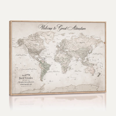 84311132-MGV-CV-36X24 - Personalized Beige World Map Canvas with Push Pins, Places Visited Tracker, Family Room and Entryway Decor