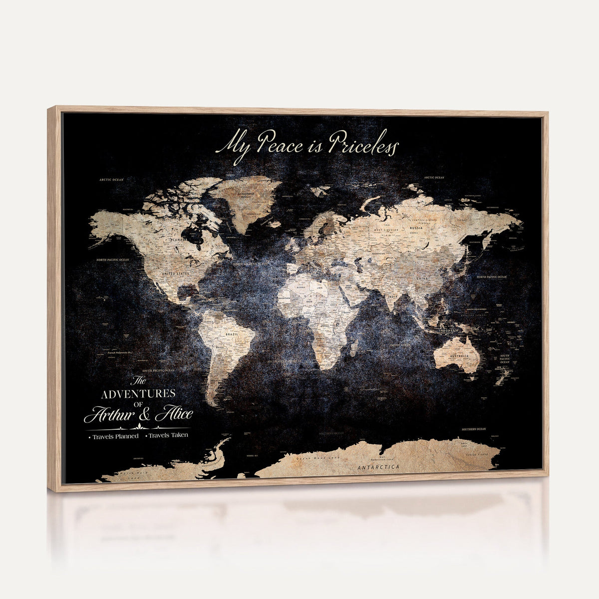 Personalized Beige World Map Canvas with Push Pins, Couples Countries Visited Map, Study and Hallway Decor