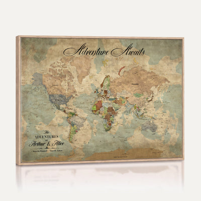 Custom Beige World Travel Map Wall Art with Pins, Bucket List Map, Dining Room and Study Decor