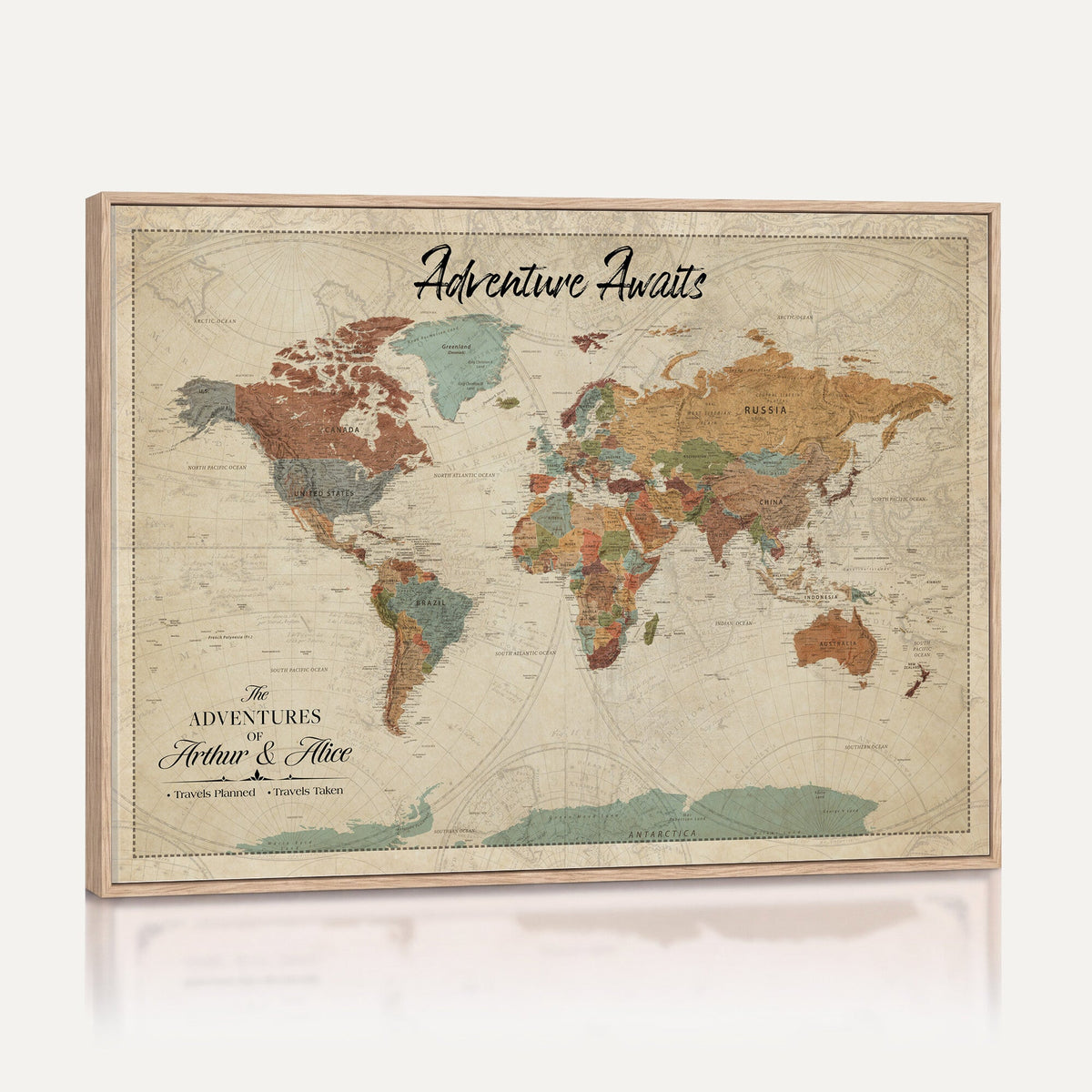 Custom Beige Push Pin World Map Canvas Print, Next Trip Planner Map, Family Room and Study Decor