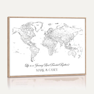 Personalized Framed Beige Modern Push Pin Travel Map Canvas Print, Couples Countries Visited Map, Living Room and Family Room Decor