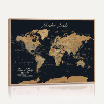 Personalized Framed Beige Geometric Family Push Pin World Map Canvas Print, Next Trip Planner Map, Family Room and Entryway Decor