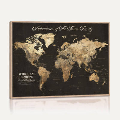 Personalized Framed Beige World Travel Map Wall Art with Pins, Couples Countries Visited Map, Family Room and Dining Room Decor