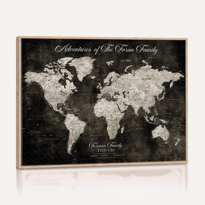 Personalized Framed Beige Push Pin World Map Canvas Print, Couples Countries Visited Map, Dining Room and Study Decor