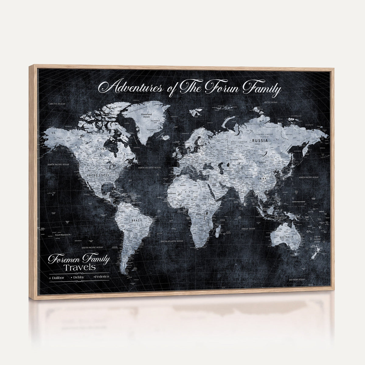Personalized Framed Beige Modern Push Pin World Map Wall Art, Places Visited Tracker, Family Room and Dining Room Decor