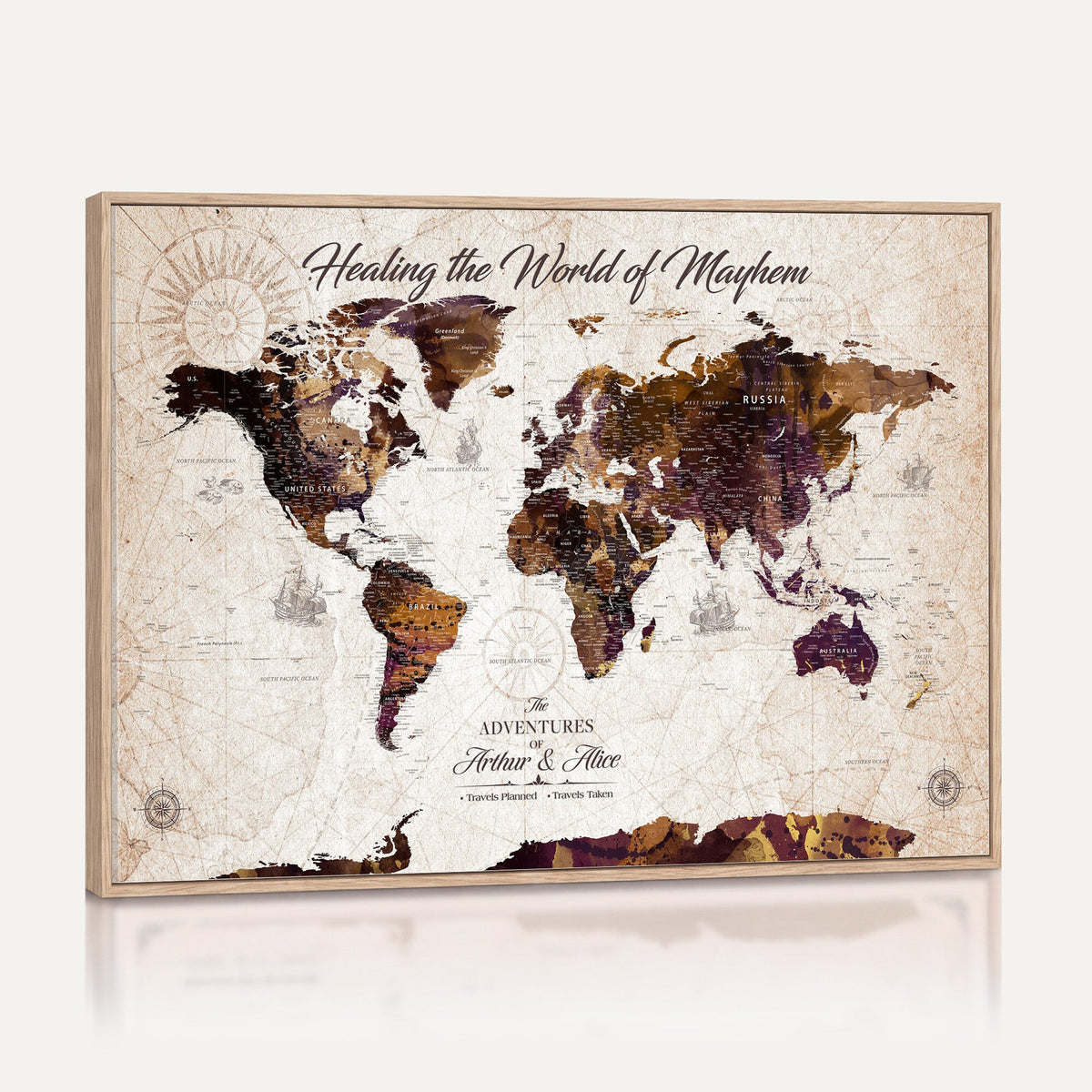 Personalized Framed Navy World Travel Map Wall Art with Pins, Honeymoon and Anniversary Gift, Living Room and Bedroom Decor