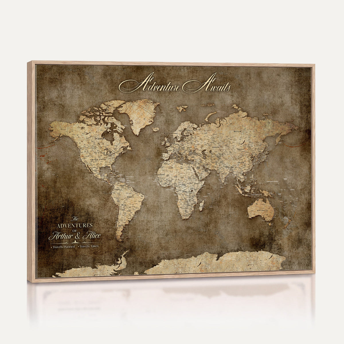 Personalized Framed Beige Push Pin Travel Map Canvas Print, Bucket List Map, Bedroom and Study Decor