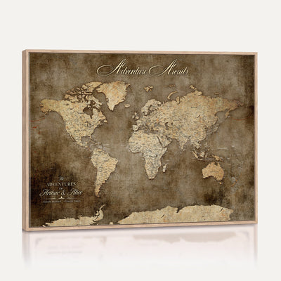 Personalized Framed Beige Push Pin Travel Map Canvas Print, Bucket List Map, Bedroom and Study Decor