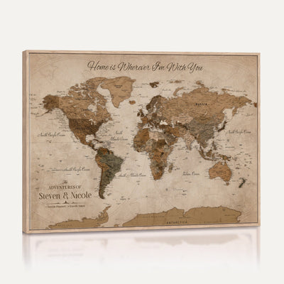 Personalized Framed Beige World Map Canvas with Push Pins, Honeymoon and Anniversary Gift, Living Room and Hallway Decor