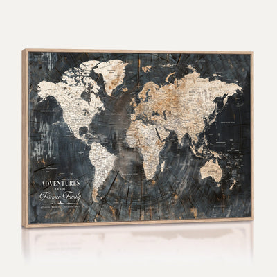Personalized Framed Beige Push Pin World Map Canvas Print, Bucket List Map, Living Room and Hallway Decor