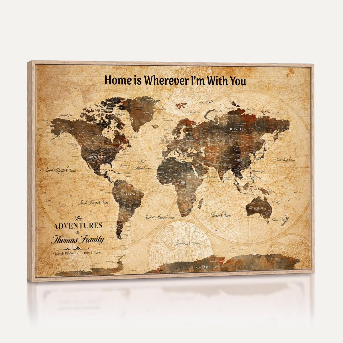 Large Personalized Framed Beige Push Pin World Map Canvas Print, Bucket List Map, Living Room and Dining Room Decor