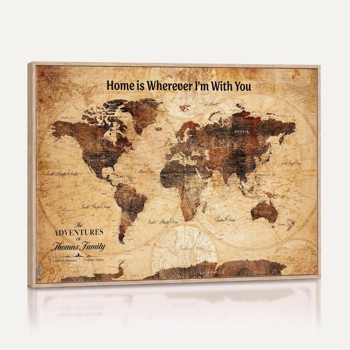 Custom Framed Beige Vintage Push Pin World Map Wall Art, Next Trip Planner Map, Living Room and Bedroom Decor