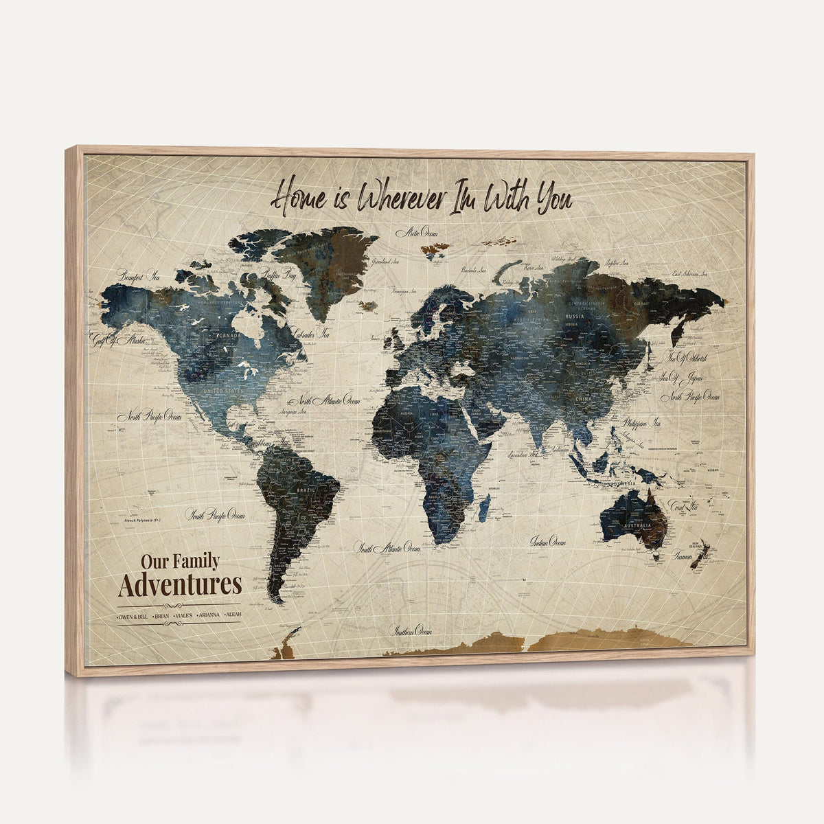 Personalized Framed Black Modern Push Pin Travel Map Canvas Print, Family Travel Tracker, Home Office and Entryway Decor