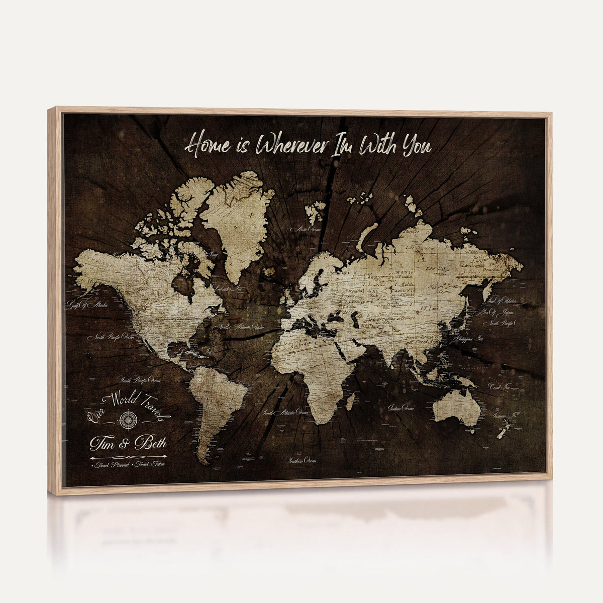 Personalized Watercolor Push Pin World Map Canvas Wall Art, Custom Framed Travel Map - NEWMAP-094