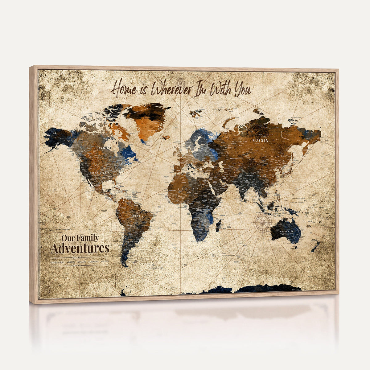 Personalized Framed Beige Modern Push Pin World Map Canvas Print, Bucket List Map, Home Office and Study Decor