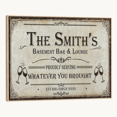 Custom Basement Bar & Lounge Sign Canvas, Personalized Family Name Art