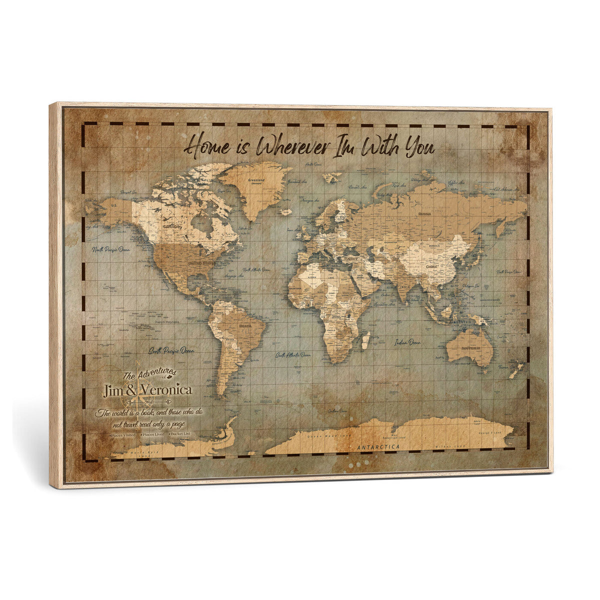 97123877-MGV-CV-36X24 - Vintage Custom Push Pin World Map Print - Vintage Travel Map Canvas, Personalized Names Anniversary Gift, Places Visited Pin Board