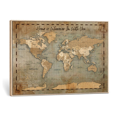 97123877-MGV-CV-36X24 - Vintage Custom Push Pin World Map Print - Vintage Travel Map Canvas, Personalized Names Anniversary Gift, Places Visited Pin Board