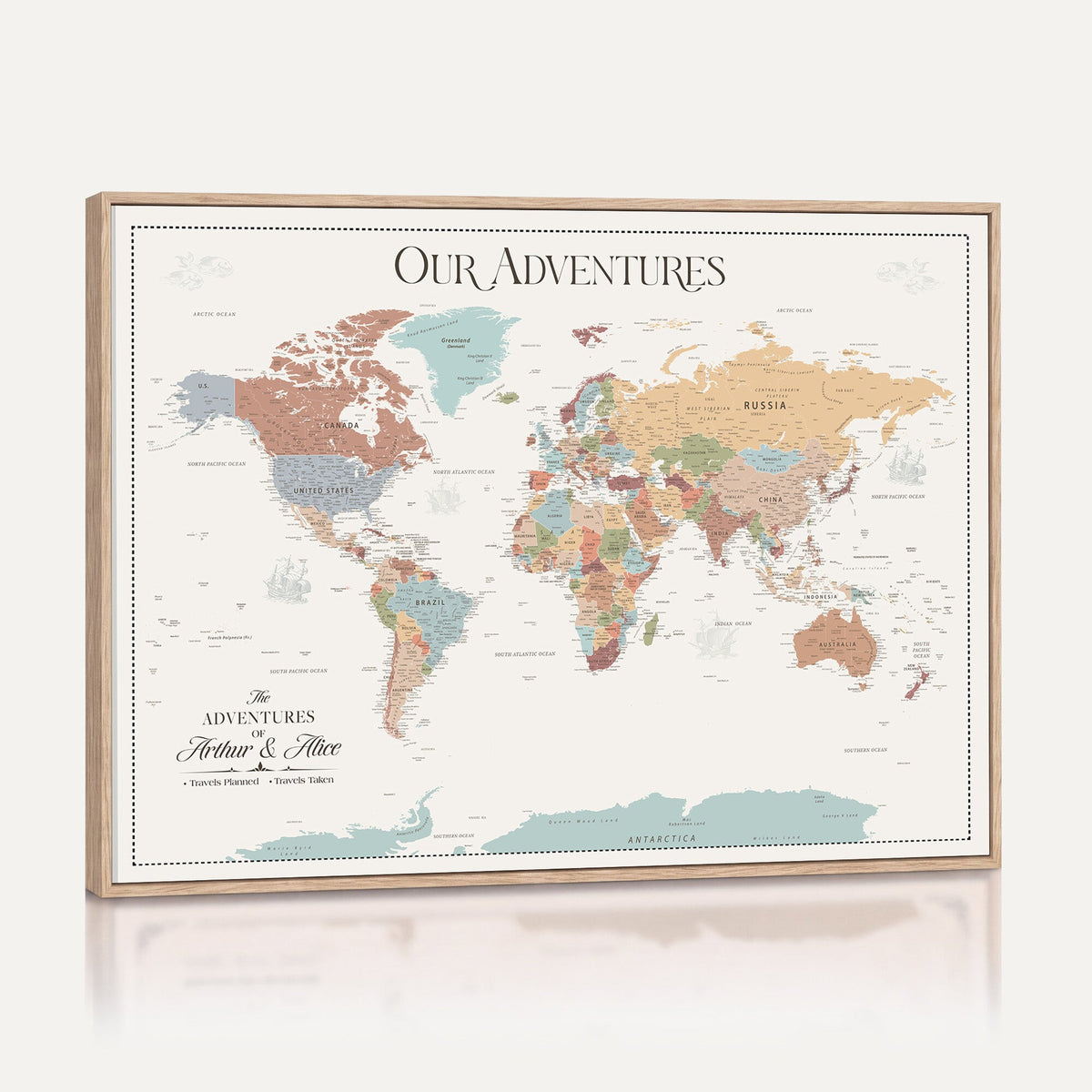 Personalized Framed Navy Push Pin World Map Canvas Print, Next Trip Planner Map, Living Room and Entryway Decor
