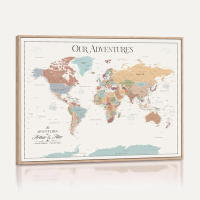Personalized Framed Navy Push Pin World Map Canvas Print, Next Trip Planner Map, Living Room and Entryway Decor