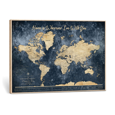 400867BL-MGV-CV-36X24 - Framed Blue Custom Push Pin World Map Canvas Print | Personalized Travel Map Wall Art