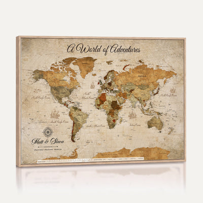 88768647-MGV-CV-36X24 - Extra Large Framed Personalize Push Pin World Map Wall Art Canvas Print for Travel Tracking