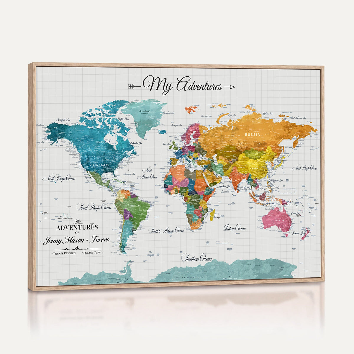 66743043-MGV-CV-36X24 - Extra Large Framed Personalize Push Pin World Map Wall Art Canvas Print for Travel Tracking - NEWMAP-131