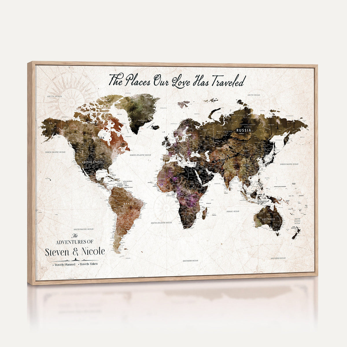 18074626D3D-MGV-CV-36X24 - Extra Large Framed Personalized Push Pin World Map Wall Art Canvas Print for Travel Tracking