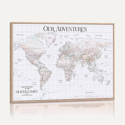 18074626D3DD-MGV-CV-36X24 - Extra Large Framed Personalized Push Pin World Map Wall Art Canvas Print for Travel Tracking