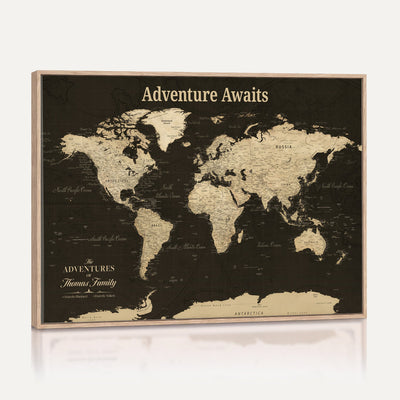 Custom Beige Modern World Travel Map Wall Art with Pins, Family Travel Tracker, Dining Room and Entryway Decor