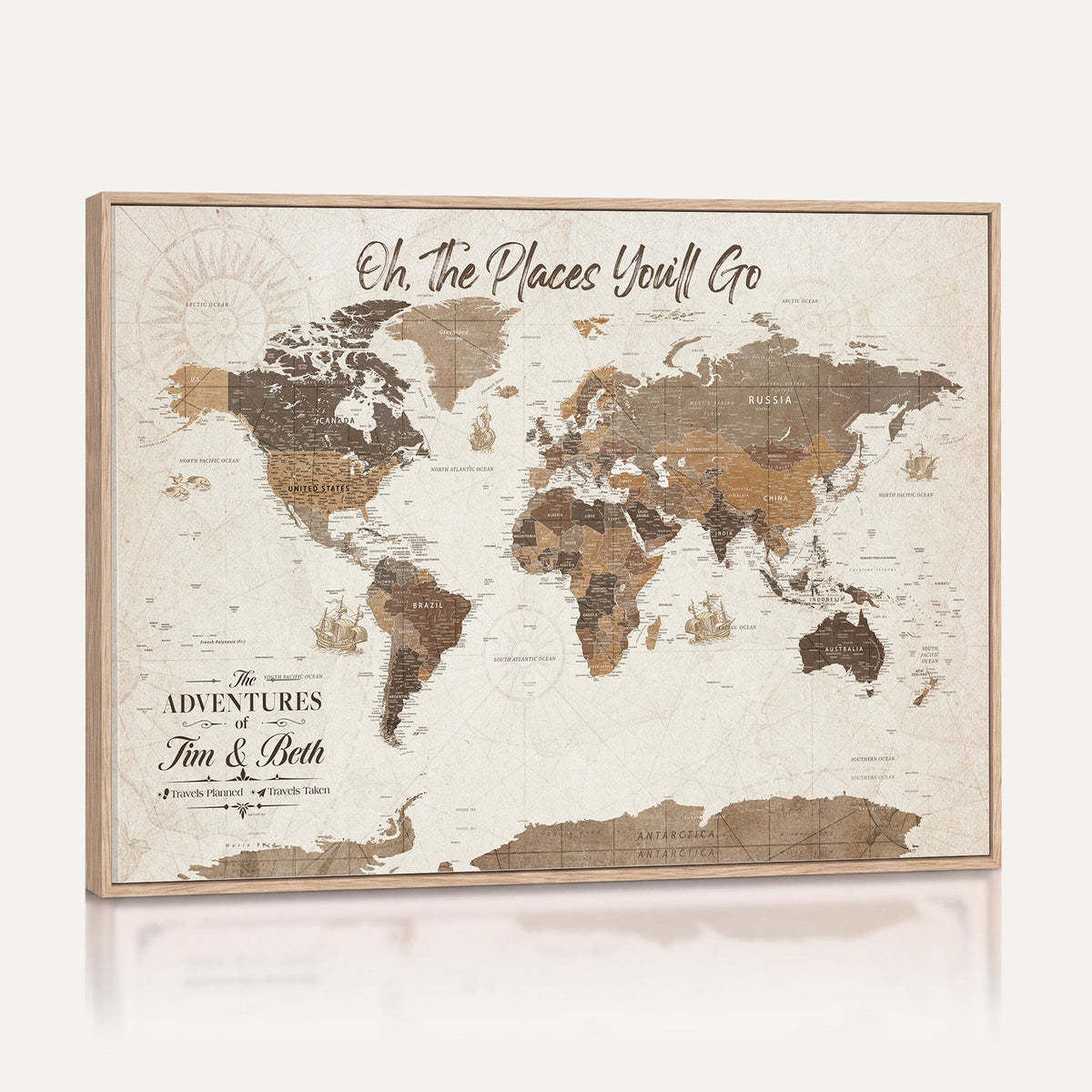 Personalized Beige Geometric Family Push Pin World Map Canvas Print, Honeymoon and Anniversary Gift, Living Room and Study Decor