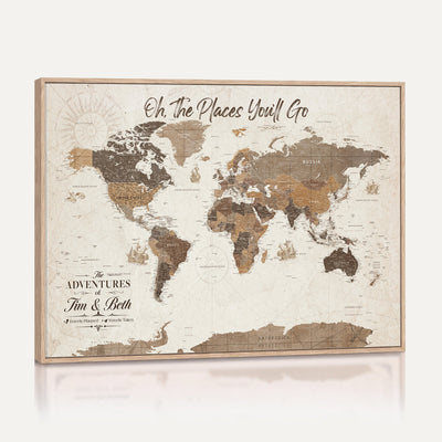 Personalized Beige Geometric Family Push Pin World Map Canvas Print, Honeymoon and Anniversary Gift, Living Room and Study Decor