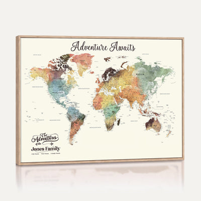 Personalized Framed Beige Modern Push Pin Travel Map Canvas Print, Family Travel Tracker, Bedroom and Home Office Decor