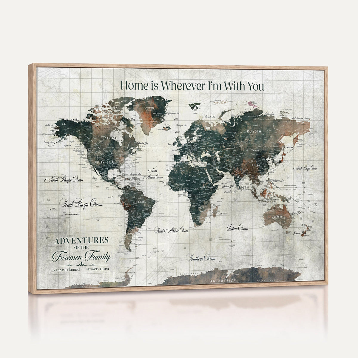 Personalized Framed Beige Push Pin Travel Map Canvas Print, Family Travel Tracker, Home Office and Hallway Decor