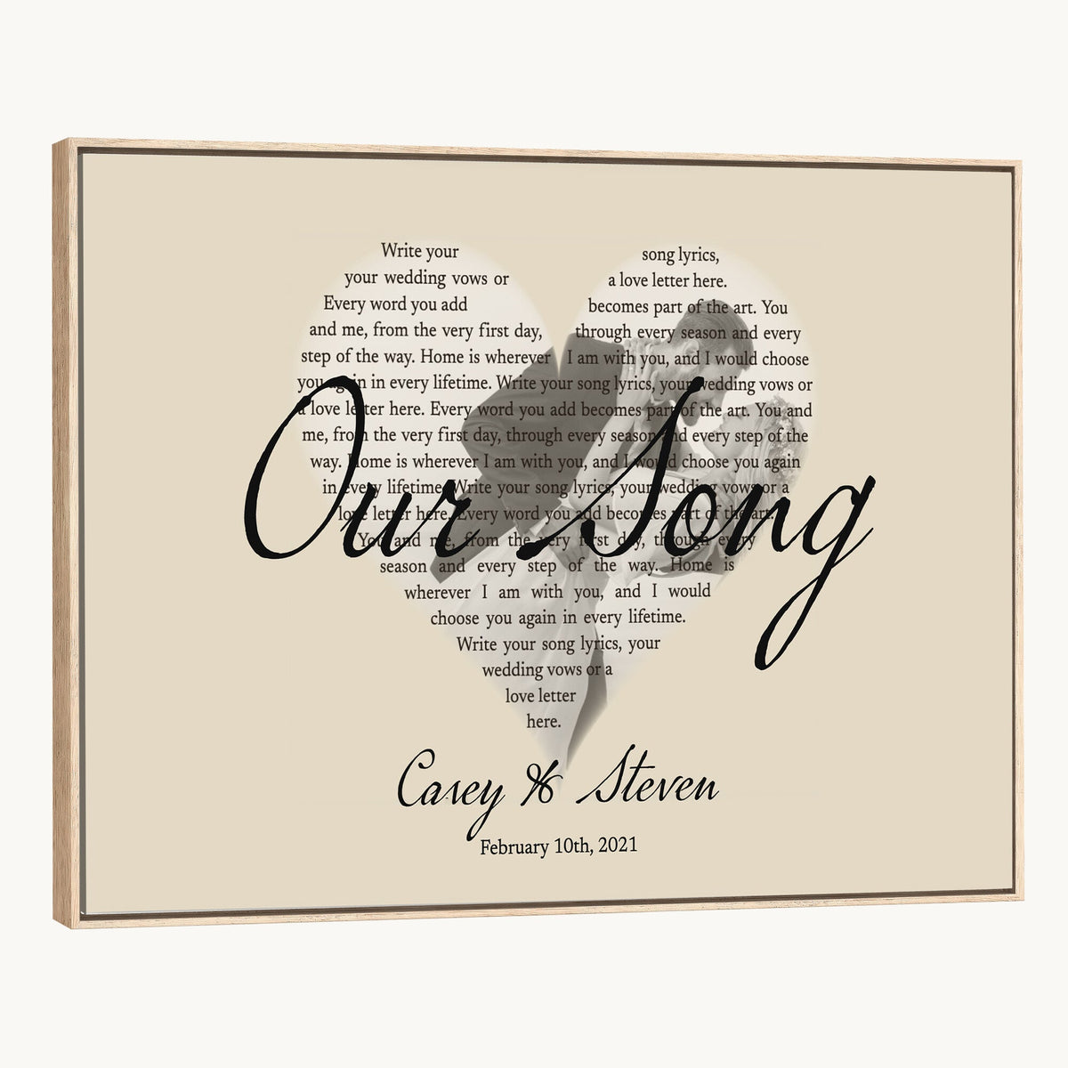 CSTM911D-MGV-CV-36X24 - Lyrics Heart Canvas Print – Personalized Song Lyrics in a Heart Shape Wall Art