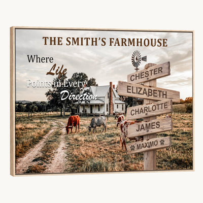 Personalized Farmhouse Family Signpost Canvas, Custom Name Wall Art