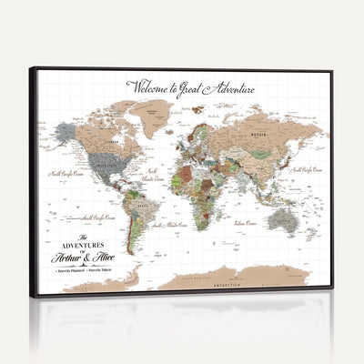 85396539-MGV-CV-36X24 - Custom Beige Push Pin World Map Wall Art, Bucket List Map, Study and Hallway Decor