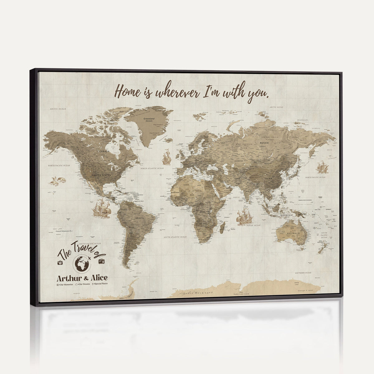 Custom Beige Geometric World Map Canvas with Push Pins, Honeymoon and Anniversary Gift, Dining Room and Hallway Decor