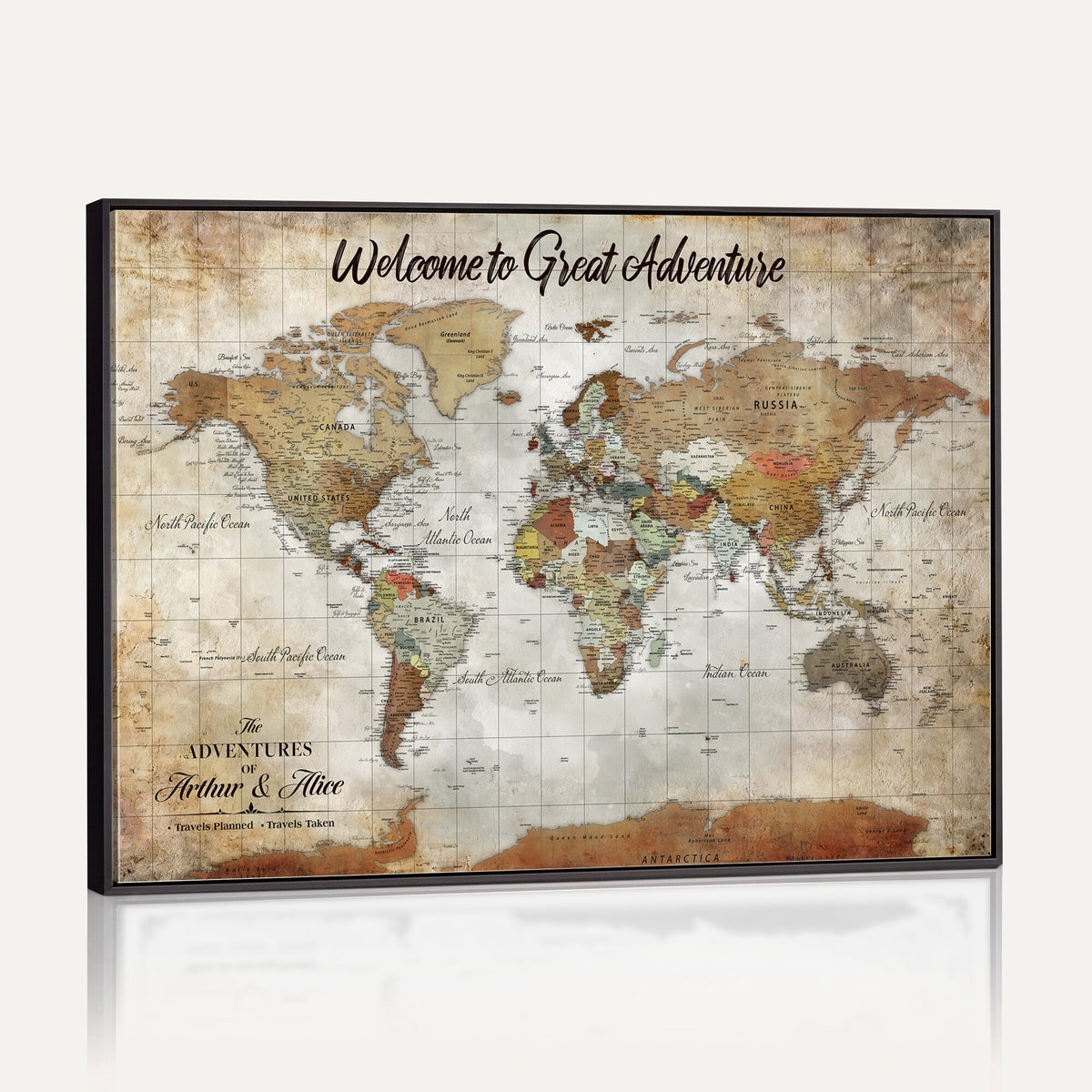 Personalized Beige Push Pin World Map Wall Art, Bucket List Map, Living Room and Family Room Decor