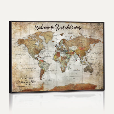 Personalized Beige Push Pin World Map Wall Art, Bucket List Map, Living Room and Family Room Decor
