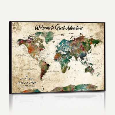 Personalized Beige Grunge World Map Canvas with Push Pins, Next Trip Planner Map, Family Room and Home Office Decor