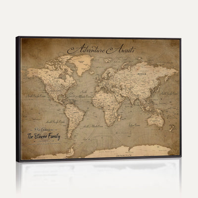 Personalized Framed Beige World Travel Map Wall Art with Pins, Family Travel Tracker, Family Room and Entryway Decor