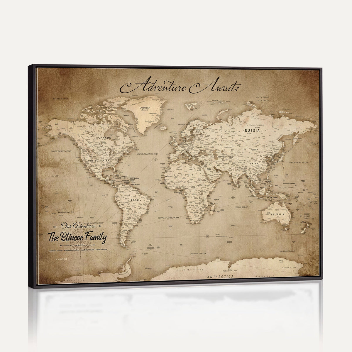 Personalized Black Modern Push Pin World Map Wall Art, Places Visited Tracker, Family Room and Bedroom Decor