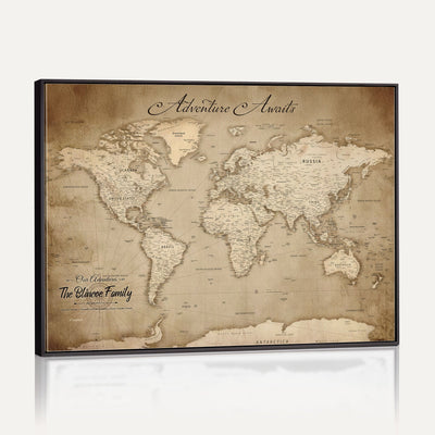 Personalized Black Modern Push Pin World Map Wall Art, Places Visited Tracker, Family Room and Bedroom Decor