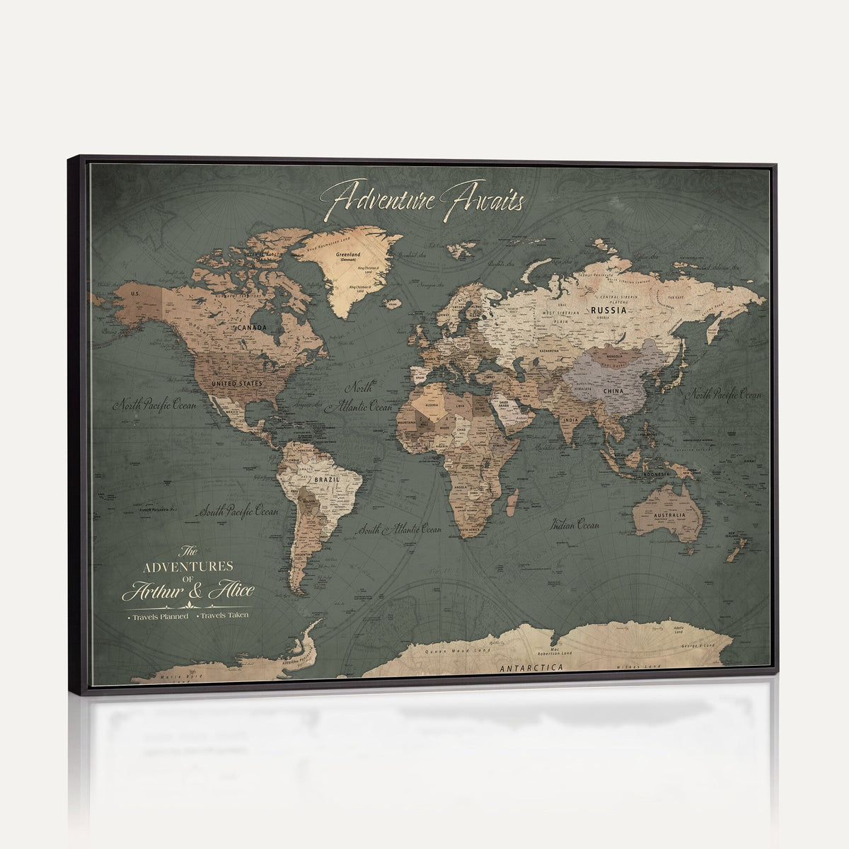 Personalized Framed Beige Modern World Map Canvas with Push Pins, Bucket List Map, Family Room and Dining Room Decor
